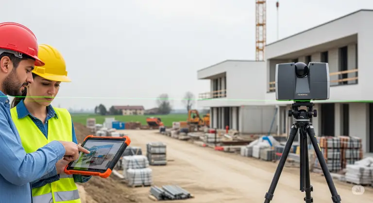 ingegnere in un cantiere nella Pianura Padana analizzano il gemello digitale di un edificio su un tablet per evitare imprevisti, con un laser scanner 3D in funzione accanto a loro